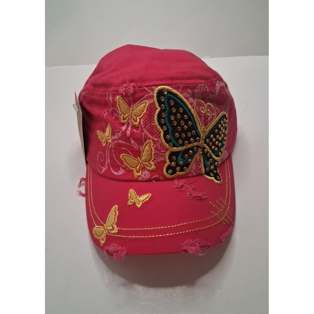 Leader LOGA Adj Cadet Butterfly Cap Pink Distressed Crystal Studded Women's New